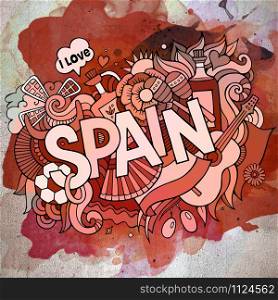 Cartoon vector hand drawn doodle Spain illustration. Watercolor detailed design background with objects and symbols. Cartoon vector hand drawn doodle Spain illustration.