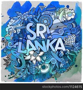 Cartoon vector hand drawn doodle Sri Lanka illustration. Watercolor detailed design background with objects and symbols. Cartoon vector hand drawn doodle Sri Lanka illustration.