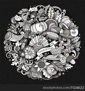 Cartoon vector hand drawn Doodle Thanksgiving Day circle illustration. Sketchy round detailed design background with objects and symbols. All objects are separated. Cartoon Doodle Thanksgiving Day circle illustration