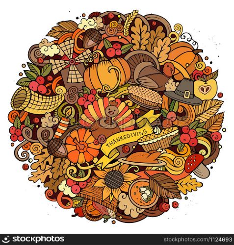 Cartoon vector hand drawn Doodle Thanksgiving Day circle illustration. Colorful round detailed design background with objects and symbols. All objects are separated. Amazing bright colors.. Cartoon Doodle Thanksgiving Day circle illustration