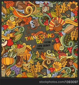 Cartoon vector hand-drawn Doodle Thanksgiving frame. Colorful card design background with objects and symbols.. Cartoon vector hand-drawn Doodle Thanksgiving frame.