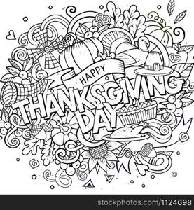 Cartoon vector hand drawn Doodle Thanksgiving illustration. Sketchy design background with objects and symbols.. Cartoon vector hand drawn Doodle Thanksgiving illustration