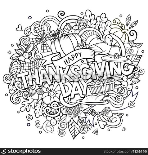 Cartoon vector hand drawn Doodle Thanksgiving illustration. Sketchy design background with objects and symbols.. Cartoon vector hand drawn Doodle Thanksgiving illustration