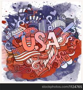 Cartoon vector hand drawn doodle USA illustration. Watercolor detailed design background with objects and symbols. Cartoon vector hand drawn doodle USA illustration