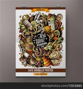 Cartoon vector hand drawn doodles Cafe poster template. Very detailed, with lots of objects illustration. Corporate identity design. All items are separate. Cartoon vector hand drawn doodles Cafe poster template. Very detailed, with lots of objects illustration.