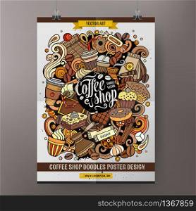 Cartoon vector hand drawn doodles Coffee poster template. Very detailed, with lots of objects illustration. Corporate identity design. All items are separate. Cartoon vector hand drawn doodles Coffee poster template. Very detailed, with lots of objects illustration.
