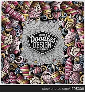 Cartoon vector hand-drawn doodles Ice Cream frame illustration. Colorful detailed border, with lots of separated objects. Cartoon vector doodles Ice Cream frame