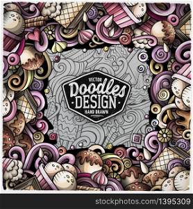 Cartoon vector hand-drawn doodles Ice Cream frame illustration. Colorful detailed border, with lots of separated objects