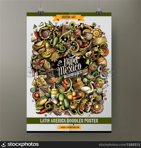 Cartoon vector hand drawn doodles Latin America poster template. Very detailed, with lots of objects illustration. Corporate identity design. All items are separate. Cartoon vector hand drawn doodles Latin America poster template. Very detailed, with lots of objects illustration.