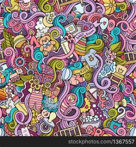 Cartoon vector hand-drawn Doodles on the subject of baby seamless pattern. Colorful background. Cartoon vector doodle children seamless pattern