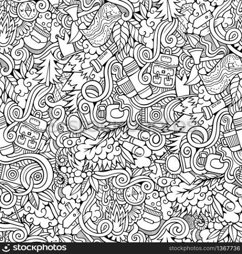 Cartoon vector hand drawn Doodles on the subject of camping seamless pattern. Sketchy background. Cartoon vector doodles camping seamless pattern