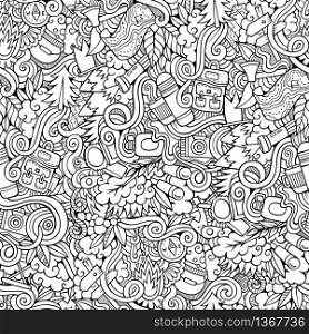Cartoon vector hand drawn Doodles on the subject of camping seamless pattern. Sketchy background. Cartoon vector doodles camping seamless pattern