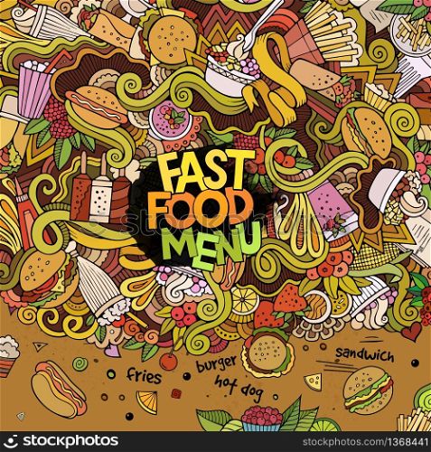Cartoon vector hand-drawn Doodles on the subject of fast food and sweets card design