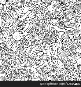 Cartoon vector hand-drawn Doodles on the subject of fast food and sweets seamless pattern. Sketchy background. Cartoon vector hand-drawn Doodles on the subject of fast food