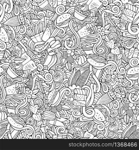 Cartoon vector hand-drawn Doodles on the subject of fast food and sweets seamless pattern. Cartoon vector hand-drawn Doodles on the subject of fast food