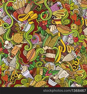Cartoon vector hand-drawn Doodles on the subject of fast food and sweets seamless pattern. Cartoon vector hand-drawn Doodles on the subject of fast food