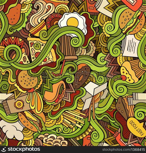 Cartoon vector hand-drawn Doodles on the subject of fast food seamless pattern. Colorful background. Seamless doodles abstract fast food pattern