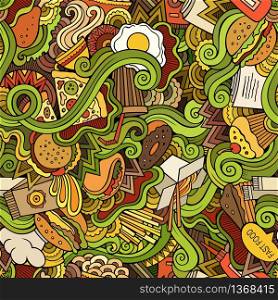 Cartoon vector hand-drawn Doodles on the subject of fast food seamless pattern. Colorful background. Seamless doodles abstract fast food pattern