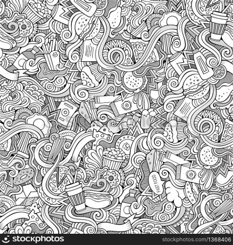 Cartoon vector hand-drawn Doodles on the subject of fast food seamless pattern. Sketchy background. Seamless doodles abstract fast food pattern