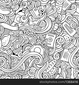 Cartoon vector hand-drawn Doodles on the subject of fast food seamless pattern. Sketchy background. Seamless doodles abstract fast food pattern