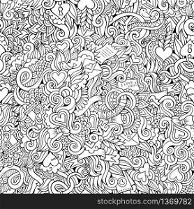 Cartoon vector hand-drawn Doodles on the subject of love and feelings seamless pattern. Sketchy background. Cartoon vector hand-drawn Doodles on the subject of love