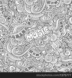 Cartoon vector hand drawn Doodles on the subject of music seamless pattern. Sketchy background. Cartoon vector Doodles music seamless pattern