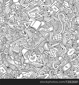Cartoon vector hand drawn Doodles on the subject of school and education seamless pattern. Sketchy background. Cartoon vector hand drawn Doodles on the subject of school