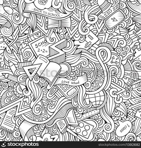Cartoon vector hand drawn Doodles on the subject of school and education seamless pattern. Sketchy background. Cartoon vector hand drawn Doodles on the subject of school