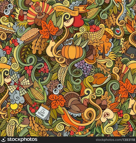 Cartoon vector hand-drawn Doodles on the subject of Thanksgiving autumn symbols, food and drinks seamless pattern. Color background. Thanksgiving autumn symbols, food and drinks seamless pattern.