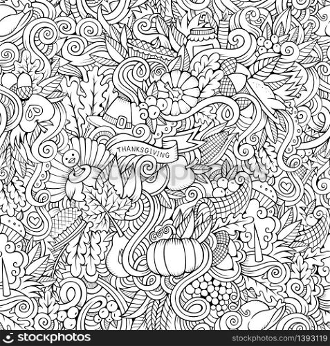 Cartoon vector hand-drawn Doodles on the subject of Thanksgiving autumn symbols, food and drinks seamless pattern. Contour background. Thanksgiving autumn symbols, food and drinks seamless pattern.