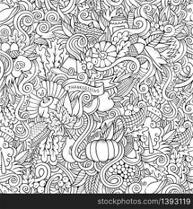 Cartoon vector hand-drawn Doodles on the subject of Thanksgiving autumn symbols, food and drinks seamless pattern. Contour background. Thanksgiving autumn symbols, food and drinks seamless pattern.