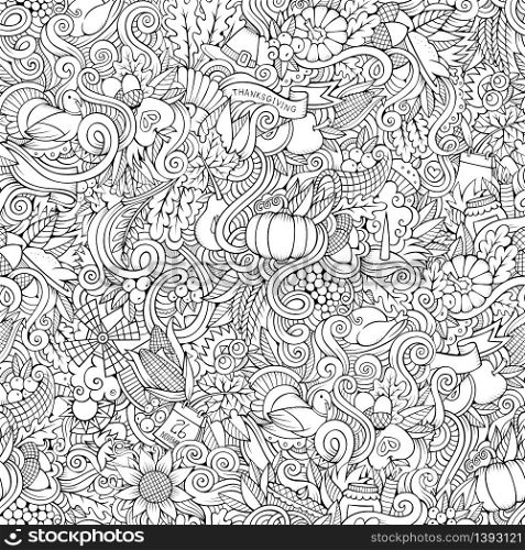 Cartoon vector hand-drawn Doodles on the subject of Thanksgiving autumn symbols, food and drinks seamless pattern. Color background. Thanksgiving autumn symbols, food and drinks seamless pattern.