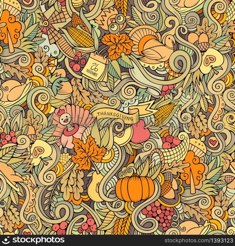 Cartoon vector hand-drawn Doodles on the subject of Thanksgiving autumn symbols, food and drinks seamless pattern. Color background. Thanksgiving autumn symbols, food and drinks seamless pattern.