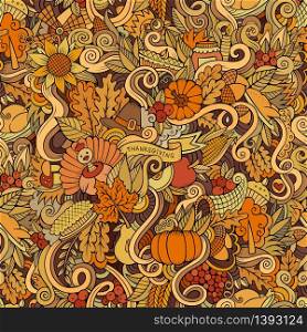 Cartoon vector hand-drawn Doodles on the subject of Thanksgiving autumn symbols, food and drinks seamless pattern. Color background. Cartoon vector hand-drawn Doodles on the subject of Thanksgiving
