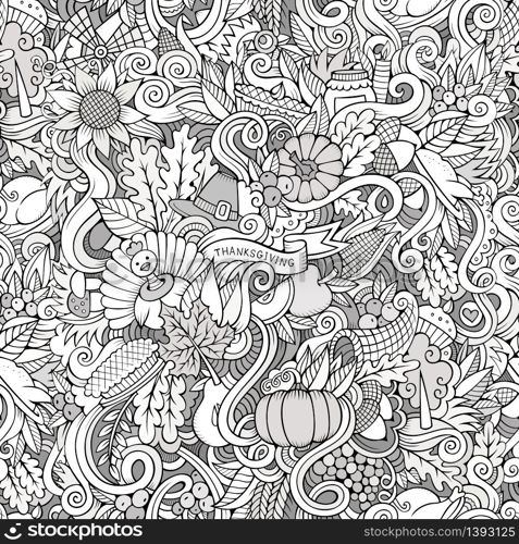 Cartoon vector hand-drawn Doodles on the subject of Thanksgiving autumn symbols, food and drinks seamless pattern. Contour background. Thanksgiving autumn symbols, food and drinks seamless pattern.