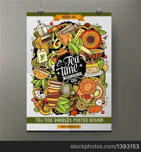 Cartoon vector hand drawn doodles Tea poster template. Very detailed, with lots of objects illustration. Corporate identity design. All items are separate. Cartoon vector hand drawn doodles Tea poster template