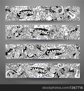 Cartoon vector hand drawn line art camping doodle corporate identity. 4 Horizontal banners design. Templates set. Cartoon vector hand-drawn camp doodle corporate identity