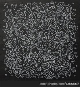 Cartoon vector hand-drawn Love Doodles. Chalkboard design background with objects and symbols.. Cartoon vector hand-drawn Love Doodles. Chalkboard design
