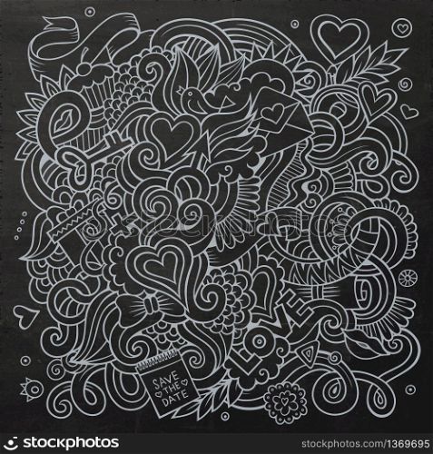 Cartoon vector hand-drawn Love Doodles. Chalkboard design background with objects and symbols.. Cartoon vector hand-drawn Love Doodles. Chalkboard design