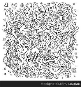 Cartoon vector hand-drawn Love Doodles. Sketchy design background with objects and symbols.. Cartoon vector hand-drawn Love Doodles. Sketchy design background