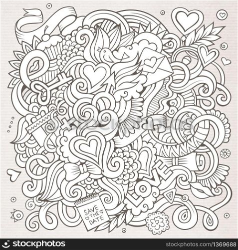 Cartoon vector hand-drawn Love Doodles. Sketchy design background with objects and symbols.. Cartoon vector hand-drawn Love Doodles. Sketchy design background