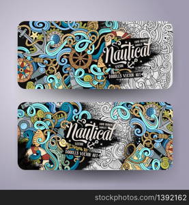 Cartoon vector hand-drawn nautical doodle corporate identity. 2 Horizontal banners design. Templates set. Cartoon vector nautical doodle banners