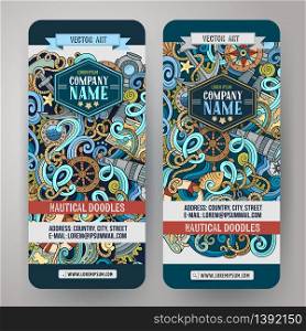 Cartoon vector hand-drawn nautical doodle corporate identity. 2 vertical banners design. Templates set. Cartoon vector nautical doodle banners
