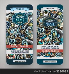 Cartoon vector hand-drawn nautical doodle corporate identity. 2 vertical banners design. Templates set. Cartoon vector nautical doodle banners