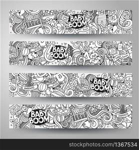 Cartoon vector hand-drawn sketchy baby boom doodles. Horizontal banners design templates set. Cartoon vector hand-drawn sketchy baby boom doodles banners
