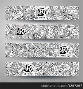 Cartoon vector hand-drawn sketchy Doodle on the subject of art and craft. Horizontal banners design templates set. Cartoon vector hand-drawn sketchy Doodle on the subject of art