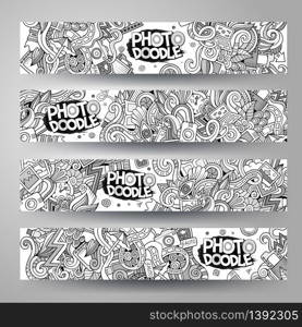 Cartoon vector hand-drawn sketchy Doodle on the subject of photo. Horizontal banners design templates set. Cartoon vector hand-drawn sketchy Doodle on the subject of photo