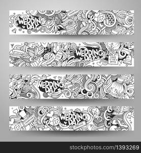 Cartoon vector hand-drawn sketchy Doodle on the subject of wedding. Horizontal banners design templates set. Cartoon vector hand-drawn Doodle on the subject of wedding banners