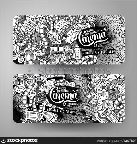 Cartoon vector hand-drawn sketchy trace Doodle on the subject of cinema. 2 Horizontal banners design templates set. Cartoon vector doodles cinema banners