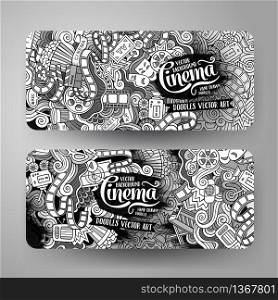 Cartoon vector hand-drawn sketchy trace Doodle on the subject of cinema. 2 Horizontal banners design templates set. Cartoon vector doodles cinema banners
